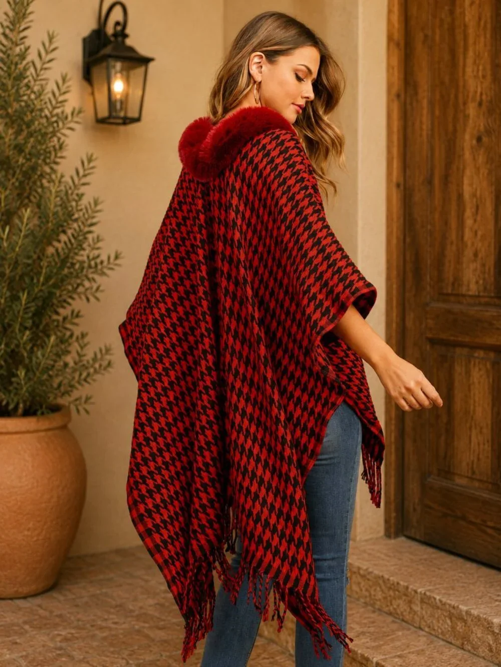 Red Houndstooth Poncho Faux Fur Collar One Size